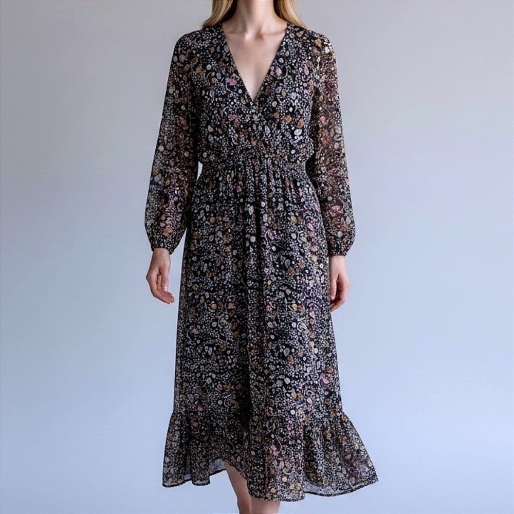 Sadie & Sage Long Sheer Sleeve Floral Navy Blue Boho Maxi Dress Womens Large